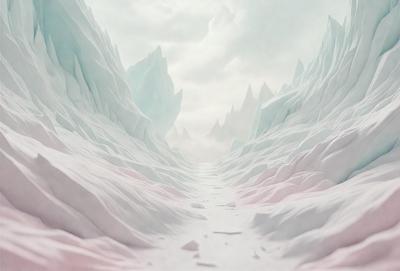 The primary subject of the image is a snowy mountain landscape. The setting is a snowy mountain range with a pink and white color scheme. The visual style is a digital art or illustration, creating a surreal and dreamy atmosphere. The dominant colors are pink and white, giving the scene a unique and captivating appearance.