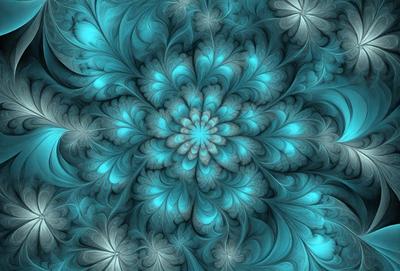 The primary subject of the image is a blue and green floral pattern. The setting is a blue background, which creates a vibrant and lively atmosphere. The visual style is a combination of digital art and illustration, giving the image a unique and artistic appearance. The dominant colors are blue and green, which evoke a sense of tranquility and natural beauty.