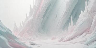 The primary subject of the image is a large, white, and pink mountain. The mountain is covered in a variety of textures and patterns, giving it a unique and intricate appearance. The setting is a snowy landscape, with the mountain towering over the surrounding area. The visual style of the image is a combination of digital art and illustration, creating a captivating and detailed scene. The dominant colors in the image are white and pink, giving the mountain a soft and delicate appearance.