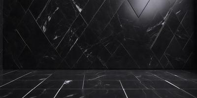 The primary subject of the image is a black marble wall with a black and white pattern. The setting is a room with a black and white checkered floor. The visual style is a photo, and the colors and mood are predominantly black and white, giving the scene a modern and sophisticated appearance.