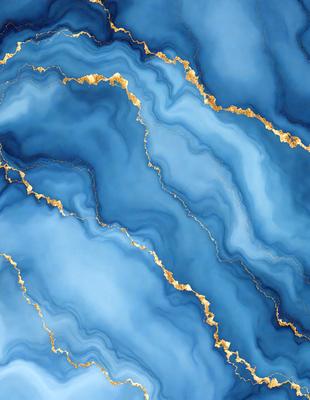 The primary subject of the image is a blue and gold marbled wall. The setting is a room with a blue and gold marbled wall, which serves as the background. The visual style is a digital art, illustration, or drawing, as the marbled pattern is created through digital manipulation. The dominant colors are blue and gold, giving the wall a rich and luxurious appearance.