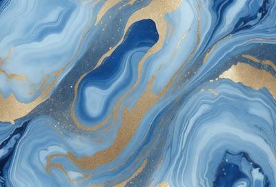 The primary subject of the image is a blue and gold swirling pattern, which appears to be a painting or a digital artwork. The setting is a blue and gold background, which complements the swirling pattern. The visual style is a mix of digital art and painting, creating a unique and eye-catching design. The colors and mood of the image are predominantly blue and gold, giving it a warm and inviting atmosphere.