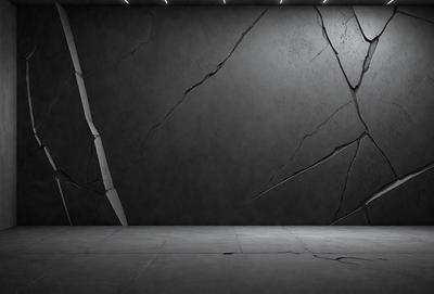 The primary subject of the image is a large, black wall with a cracked and chipped appearance. The setting is a room with a concrete floor, and the visual style is a black and white photo. The dominant colors are black and white, creating a moody and dramatic atmosphere.