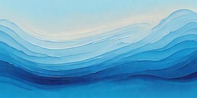 The primary subject of the image is a large body of blue water, which appears to be a painting or a digital artwork. The setting is a vast ocean, and the visual style is a combination of a painting and a digital artwork. The colors and mood of the image are predominantly blue, creating a serene and calming atmosphere.