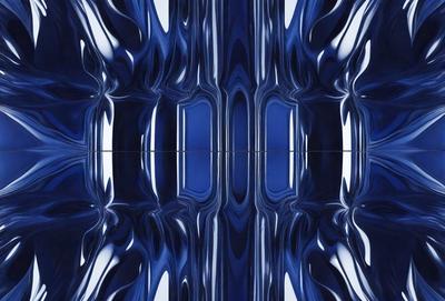 The primary subject of the image is a blue and white patterned surface. The setting is a room with a blue wall, and the visual style appears to be a combination of a photo and digital art. The dominant colors are blue and white, creating a calm and soothing atmosphere.