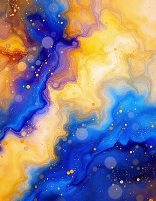The primary subject of the image is a vibrant, colorful painting featuring a blue and yellow background. The setting is a space with a starry background, giving the painting a celestial atmosphere. The visual style is a mix of digital art and illustration, creating a unique and captivating piece of art. The dominant colors are blue and yellow, with various shades and hues contributing to the overall mood of the painting.