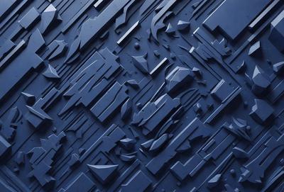 The primary subject of the image is a blue wall with a pattern of shapes and designs. The setting is a room with a blue background, and the visual style appears to be a combination of digital art and illustration. The dominant colors are blue and black, creating a modern and sophisticated atmosphere.