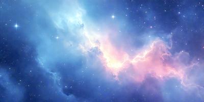 The primary subject of the image is a beautiful, colorful, and vibrant space scene. The setting is a blue sky with a backdrop of stars, creating a sense of depth and wonder. The visual style is a combination of photo and digital art, resulting in a stunning and realistic representation of the cosmos. The colors and mood of the image are predominantly blue and pink, giving it a serene and calming atmosphere.