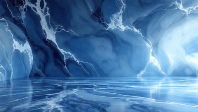 The primary subject of the image is a large, blue, icy-looking cave with a lightning bolt in the middle. The setting is a dark, underground environment, and the visual style appears to be a combination of digital art and illustration. The dominant colors are blue and white, creating a cold and icy atmosphere.