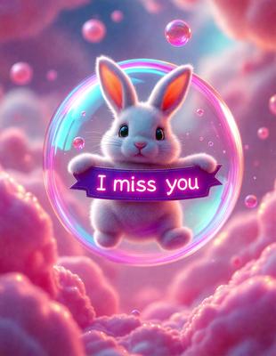 The primary subject of the image is a cute bunny holding a sign that reads "I miss you." The setting is a pink and purple background, which adds a warm and cheerful atmosphere to the scene. The visual style is a digital art or illustration, creating a whimsical and playful mood.