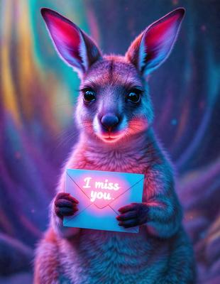 Primary subject: A kangaroo holding a card that says "I miss you."

Setting/background: The kangaroo is standing in front of a purple background.

Visual style: The image is a digital artwork.

Colors and mood: The dominant colors are purple and blue, creating a calm and serene atmosphere.