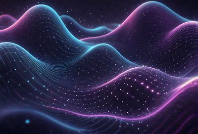 The primary subject of the image is a purple and blue wave pattern, which appears to be a digital art or illustration. The setting is a dark background, and the visual style is a combination of digital art and illustration. The dominant colors in the image are purple and blue, creating a calming and serene atmosphere.
