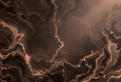 The primary subject of the image is a painting of a marbled surface, featuring a mix of black, brown, and orange colors. The setting is a dark background, which contrasts with the marbled surface. The visual style is a painting, showcasing the artist's skill in creating a realistic and intricate design. The colors and mood of the painting evoke a sense of depth and complexity, with the marbled surface providing a sense of texture and intricacy.