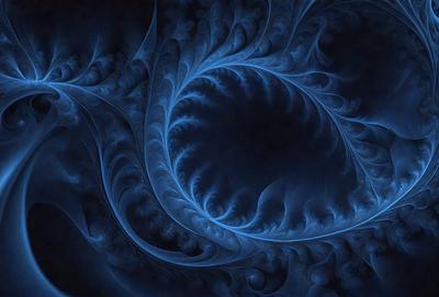 The primary subject of the image is a blue, swirling, and flowing pattern, which appears to be a digital art or illustration. The setting is a dark background, which contrasts with the vibrant blue color of the swirling pattern. The visual style suggests that the image is a creative and artistic representation of a flowing, spiraling form. The colors and mood of the image evoke a sense of movement, fluidity, and depth, with the blue hue adding a sense of tranqu
