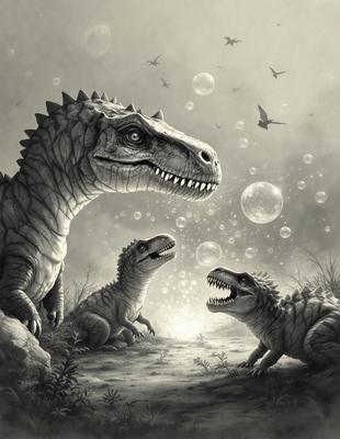 The primary subject of the image is a large dinosaur, likely a T-Rex, standing next to two smaller dinosaurs, possibly baby T-Rexes. The setting is a grassy area with a bubble-like background, giving the scene a whimsical and playful atmosphere. The visual style is a detailed drawing or illustration, capturing the intricate details of the dinosaurs and their surroundings. The colors are predominantly earthy tones, such as greens, browns