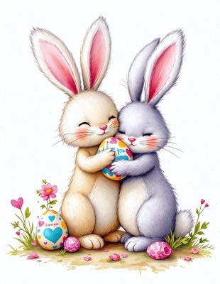 The primary subject of the image is two cute bunny rabbits. They are sitting next to each other and holding a candy egg. The setting is a grassy area with flowers, creating a pleasant and natural environment. The visual style is a hand-drawn illustration, giving the image a charming and artistic appearance. The colors are predominantly pastel shades, contributing to a warm and cheerful mood.