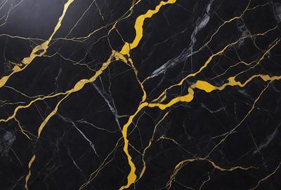 The primary subject of the image is a marble countertop with a yellow and black pattern. The setting is a kitchen, and the visual style is a close-up of the marble countertop. The dominant colors are yellow and black, creating a bold and striking appearance.