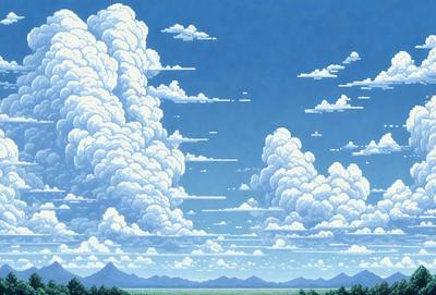 The primary subject of the image is a cloudy sky with a few clouds scattered throughout. The setting is a mountainous landscape, with a mountain range visible in the background. The visual style is a digital art or illustration, creating a sense of depth and dimension. The colors and mood of the image are predominantly blue and white, with the clouds adding a touch of gray.