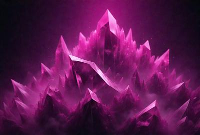 The primary subject of the image is a large, purple crystal formation, which appears to be a part of a mountain or a massive rock formation. The setting is a dark, purple background that contrasts with the vibrant color of the crystal. The visual style of the image is a combination of digital art and illustration, creating a unique and striking appearance. The dominant colors in the image are purple and pink, giving the scene a dramatic and otherworldly atmosphere.