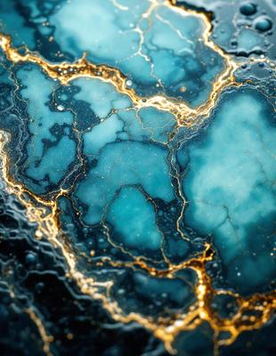 The primary subject of the image is a blue and gold rock, which appears to be a piece of marble. The rock is set against a black background, giving it a striking contrast. The visual style of the image is a close-up, showcasing the intricate patterns and textures of the rock. The dominant colors in the image are blue and gold, creating a sense of depth and richness. The overall atmosphere of the image is one of beauty and natural wonder.