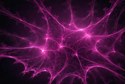 The primary subject of the image is a large, pink, purple, and white structure that resembles a cell or a spider web. The setting is a dark background, which contrasts with the vibrant colors of the structure. The visual style appears to be a combination of digital art and illustration, creating a unique and intriguing image. The dominant colors and overall atmosphere of the image are pink, purple, and white, giving it a soft and dreamy appearance.