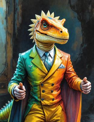 The primary subject of the image is a man wearing a colorful suit, which includes a rainbow-colored jacket. He is giving a thumbs-up gesture, indicating his approval or satisfaction. The setting is a room with a door visible in the background. The visual style of the image is a digital art or illustration, with a vibrant and lively atmosphere.