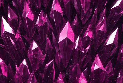 The primary subject of the image is a large, pink crystal structure. The setting is a dark, purple background, which contrasts with the bright pink crystals. The visual style is a combination of digital art and illustration, creating a unique and eye-catching design. The dominant colors are pink and purple, giving the image a vibrant and lively atmosphere.