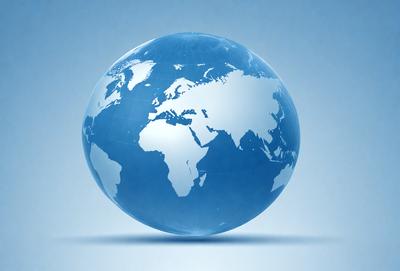 The primary subject of the image is a blue, three-dimensional globe of the Earth. The globe is set against a blue background, which adds to the overall visual style. The colors and mood of the image are predominantly blue, creating a calm and serene atmosphere.