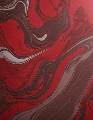 The primary subject of the image is a red and brown marbled pattern, which is the main focus of the image. The setting is a red and brown marbled surface, which serves as the backdrop for the pattern. The visual style of the image is a close-up of the marbled pattern, showcasing its intricate details. The colors and mood of the image are predominantly red and brown, creating a warm and earthy atmosphere.