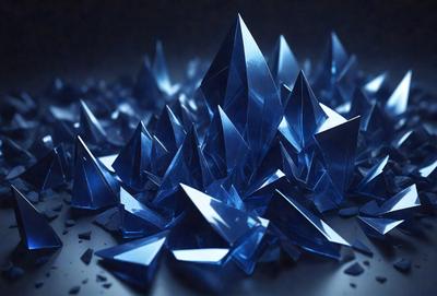 The primary subject of the image is a large pile of blue glass shards. The setting is a dark background, which contrasts with the blue glass. The visual style is a close-up of the glass shards, showcasing their intricate details. The colors and mood of the image are predominantly dark and moody, with the blue glass shards being the main focus and source of visual interest.