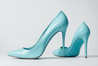 The primary subject of the image is a pair of blue high heels. The setting is a white background, which provides a clean and minimalist appearance. The visual style is a close-up of the shoes, showcasing their design and details. The colors and mood of the image are predominantly blue, creating a calm and sophisticated atmosphere.
