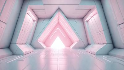 The primary subject of the image is a large, open, and empty room with a pinkish hue. The room features a white wall with a pink triangle shape, which appears to be a doorway. The setting is a futuristic environment, possibly a space station or a futuristic building. The visual style of the image is a combination of photo and digital art, creating a unique and intriguing atmosphere. The dominant colors in the image are pink and white, giving the space a warm and inviting feel.