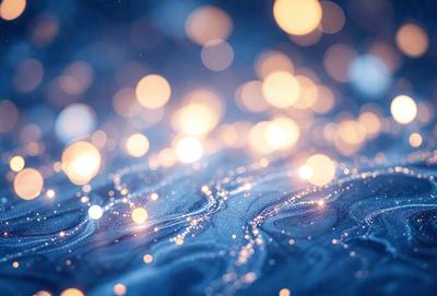 The primary subject of the image is a blue background with a pattern of bright lights, creating a visually striking and colorful scene. The setting appears to be a dark background, which contrasts with the bright lights, making them stand out even more. The visual style of the image is a combination of photo and digital art, as it captures the vibrant colors and patterns of the lights. The overall atmosphere of the image is lively and energetic, with the bright lights creating a sense of movement and dynamism.
