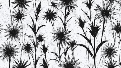 The primary subject of the image is a pattern of flowers, which are the main objects in the scene. The setting is a white background, and the visual style appears to be a combination of a photo and digital art. The flowers are depicted in black and white, giving the image a classic and elegant appearance. The overall atmosphere is serene and visually appealing.