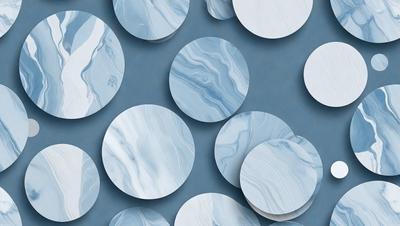 The primary subject of the image is a collection of circular objects, which appear to be made of marble or have a similar texture. These objects are arranged in a visually appealing manner, creating a sense of depth and dimension. The setting is a blue background, which contrasts with the circular objects and adds to the overall visual style. The image is a combination of a photo and digital art, as it showcases the intricate details of the circular objects while maintaining a cohesive and harmonious design. The colors and m
