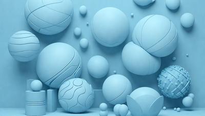 The primary subject of the image is a collection of blue spheres, which are displayed on a blue wall. The setting is a room with a blue background, and the visual style appears to be a digital art or illustration. The dominant colors in the image are blue, and the overall atmosphere is calm and serene.