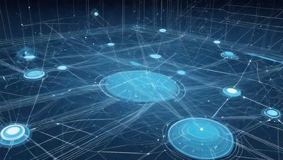 The primary subject of the image is a blue and white digital artwork of a network of interconnected circles. The setting is a dark blue background, which contrasts with the bright blue and white circles. The visual style is a combination of digital art and illustration, creating a complex and intricate pattern. The colors and mood of the image are predominantly blue and white, giving it a calm and serene atmosphere.