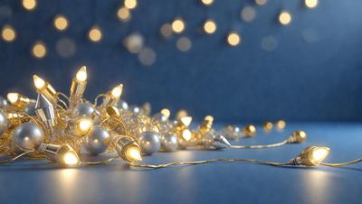 The primary subject of the image is a string of Christmas lights. The lights are arranged in a pattern, creating a visually appealing display. The setting is a blue background, which adds to the festive atmosphere. The visual style is a close-up of the lights, showcasing their details and texture. The colors and mood of the image are predominantly warm and festive, as the lights are illuminated and create a sense of celebration.