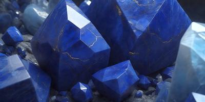 The primary subject of the image is a large blue crystal, which is the main focus of the scene. The setting is a rocky environment, with the crystal surrounded by other rocks and possibly some gold. The visual style of the image is a combination of photo and digital art, creating a unique and intriguing appearance. The dominant colors in the image are blue and gold, giving the scene a sense of depth and richness.
