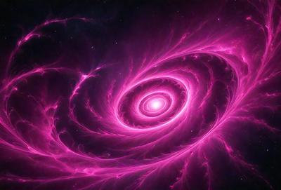 The primary subject of the image is a large, pink, swirling, and spiraling object that resembles a galaxy or a nebula. The setting is a dark, starry sky, with the swirling object as the main focus. The visual style is a combination of digital art and illustration, creating a vibrant and dynamic scene. The colors and mood of the image are predominantly pink, which gives it a warm and inviting atmosphere.