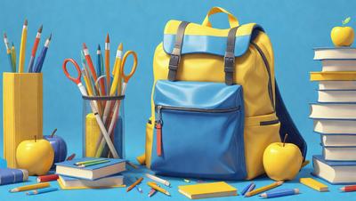 The primary subject of the image is a blue backpack with a yellow strap. The backpack is placed on a table, surrounded by various items. There are multiple books scattered around the table, with some placed near the backpack and others further away. A pair of scissors can also be seen on the table, along with a cup. The visual style of the image is a combination of photo and digital art, creating a vibrant and colorful scene. The colors and mood of the image are lively and energet