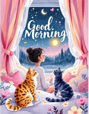 The primary subject of the image is a woman sitting on a bed with two cats. The setting is a cozy bedroom, and the visual style is a colorful, illustrated scene. The colors and mood are warm and inviting, with the woman and cats being the main focus of the image.