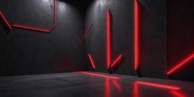 The primary subject of the image is a red light that is illuminating a dark room. The setting is a room with a concrete wall, and the visual style appears to be a digital art or illustration. The dominant colors in the image are red and black, creating a moody and dramatic atmosphere.