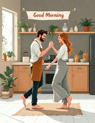The primary subject of the image is a man and a woman standing in a kitchen, holding hands and smiling. The setting is a kitchen with various items such as potted plants, a refrigerator, a microwave, and a sink. The visual style is a colorful, hand-drawn illustration. The colors and mood of the image are warm and inviting, with the couple's smiles and the overall atmosphere of the kitchen.