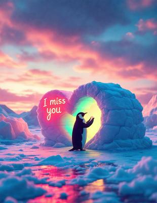 The primary subject of the image is a penguin standing in a snowy environment. The penguin is positioned in front of a heart-shaped snow sculpture, which reads "I miss you." The setting is a snowy landscape, and the visual style appears to be a digital art or illustration. The colors in the image are predominantly white and blue, creating a cold and serene atmosphere.