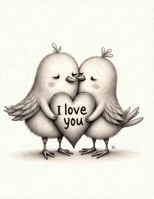 The image features two white birds, possibly birds of love, standing close to each other and holding a heart. The heart is placed between them, symbolizing their love for one another. The birds are the primary subjects of the image, and their close proximity and the heart they are holding together create a warm and affectionate atmosphere. The scene is set against a white background, which further emphasizes the birds and the heart.
