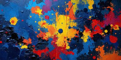 The primary subject of the image is a painting featuring a colorful, abstract design. The painting is displayed on a blue surface, which serves as the background. The visual style of the painting is a mix of digital art and illustration, creating a vibrant and dynamic appearance. The dominant colors in the painting are red, yellow, and blue, which contribute to a lively and energetic mood.