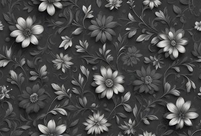 The primary subject of the image is a pattern of flowers, which are the main objects in the scene. The setting is a black background, which contrasts with the white flowers. The visual style is a combination of photo and digital art, creating a realistic yet artistic representation of the flowers. The colors and mood of the image are predominantly white and black, giving it a clean and elegant appearance.