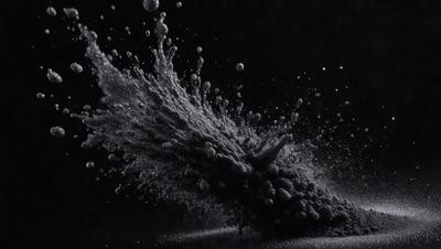 The primary subject of the image is a black and white photo of a splashing water effect. The setting is a dark background, and the visual style is a black and white photo. The dominant colors are black and white, and the overall atmosphere is dramatic and artistic.