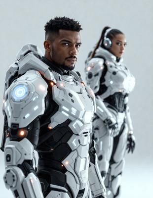 The primary subject of the image is a man wearing a futuristic white and black suit, which appears to be a combination of a suit and a robotic armor. The man is standing in front of a woman who is also wearing a futuristic white and black suit. The setting is a white background, which provides a clean and minimalist look to the image. The visual style is a digital art, as the suits and armor are depicted in a detailed and realistic manner. The colors and mood of